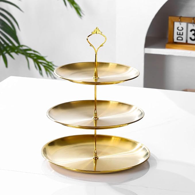 Stainless Steel 3 Tier Cupcake Stand, Tiered Trays Three Layer Cake Stand 3 Tier Serving Tray Platters for Pastry Dessert Candy Fruit Tea Party Wedding Platter (Gold)