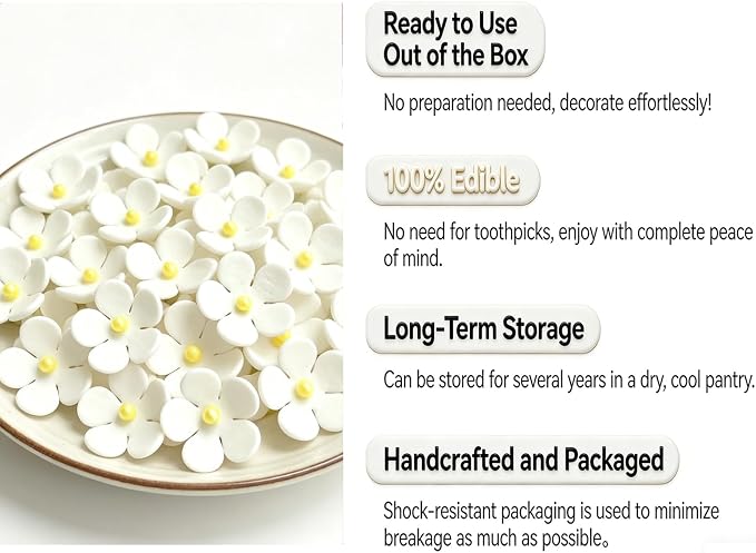 108 Count Edible Flower Cake Decorations, Small Edible Flowers, Sugar Flowers, Cakes & Cupcakes Toppers, Edible Dessert Decorations (0.8 Inch) (5 Petals White)