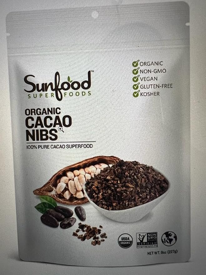 Sunfood Organic Cacao Nibs - Dark Chocolate Nibs, Raw Cacao Nibs, Sugar Free Cocoa Bean Chips, Unsweetened Coco Bits with Theobromine, USDA Organic, Keto, Raw, Vegan - 4 oz Bag