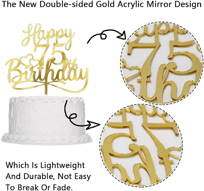 Sleyberoy Acrylic Happy 75th Birthday Cake Topper- Hello 75,Cheers to 75 Years,75th Anniversary/Birthday Party、 men and women Happy seventy five Birthday Selected cake decoration(75th)