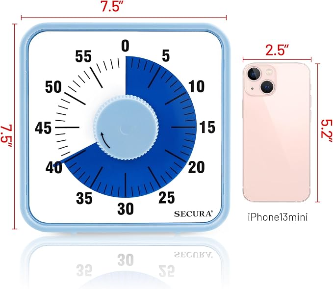 Secura 60-Minute Visual Countdown Timer, 7.5-Inch Oversize Classroom Visual Timer for Kids and Adults, Durable Mechanical Kitchen Timer Clock with Magnetic Backing (Navy Blue)