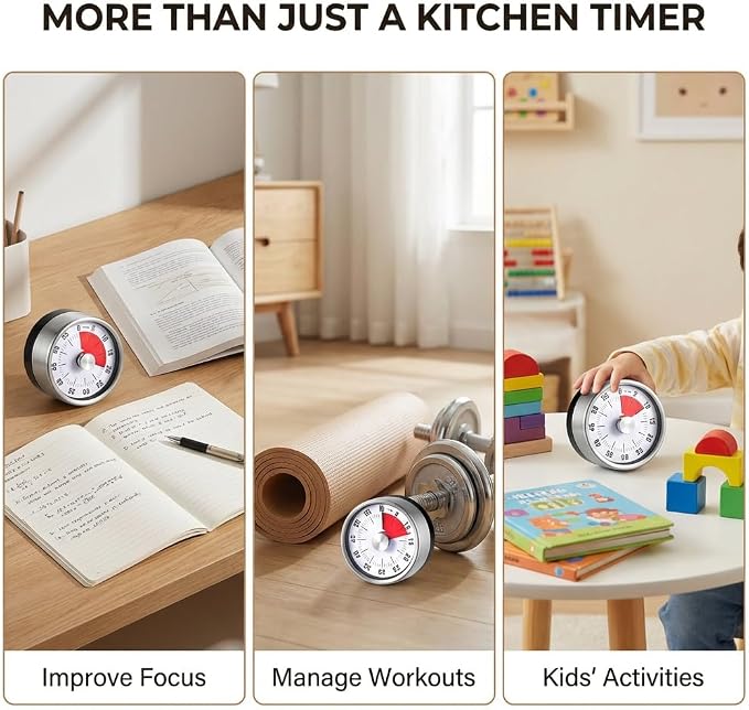 Magnetic Kitchen Timer, 60-Minute Mechanical Visual Countdown Timer, Loud Alarm & No Batteries Needed, Stainless Steel Timer for Cooking, Kids, Classroom, and Study