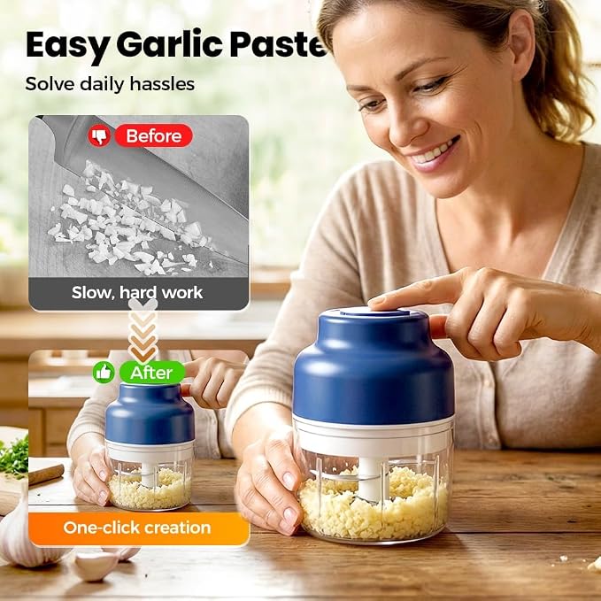 2026 Upgrade Electric Garlic Chopper, Electric Mini Food Processor Portable Veggie Cutter Chopper, USB Rechargeable Wireless Food Chopper for Mashing Garlic, Chili, Onion, Fruit, Ginger (250ml+320ml)