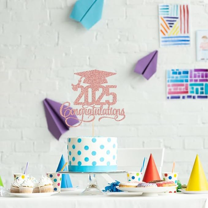 Glitter 2025 Congratulations Graduation Cake Topper,Congrats Grad Cake Decor - 2025 High School/College/Senior Graduation Party Decorations Supplies (2025Congratulations Rose gold)