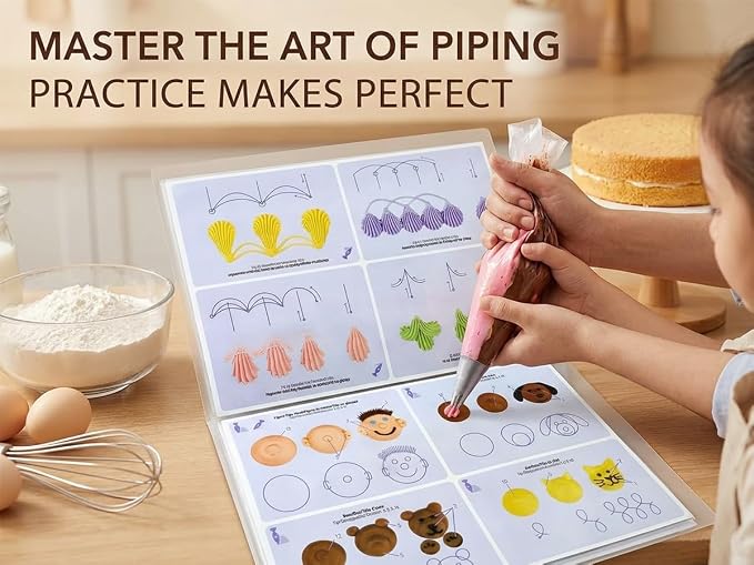 Cake Practice Decorating Board Set with Protector Reusable Wipeable, MDTARVF 23 Sheets Icing Piping Nozzles Practice Drawings Cake Decorating Kit Supplies