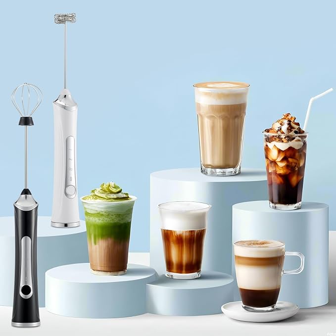 Handheld Electric Milk Frother with 2 Heads, Coffee Whisk Foam Mixer with USB Rechargeable 3 Speeds, Foam Maker Blender for Latte, Cappuccino, Hot Chocolate, Egg (Type 2)
