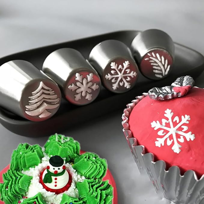 4PCS Christmas Russian Icing Tips Set, Stainless Steel Piping Nozzles for Cake, Cupcake Cookie Decorating – Includes 4 Creative Festive Frosting Tips with Christmas Designs
