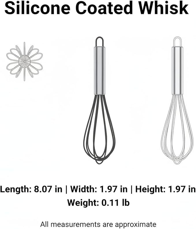 Silicone Coated Whisk, Stainless Steel Wire Balloon Whisk for Non-Stick Cookware, Mixing Tool for Eggs Batters and Sauces (1 PC)