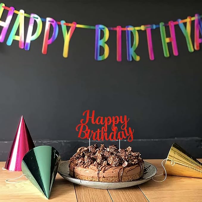 BEISHIDA Red happy birthday Cake Topper, Happy Birthday Cake Bunting Decor,Birthday Party Decoration Supplies,Photo Booth Props