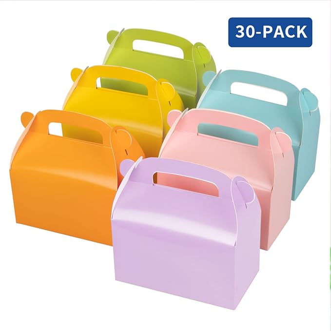 30-Pack Colorful Party Favor Treat Boxes Goodie Gable Paper Box | Gift Boxes with Handles. Perfect for Rainbow Party Decoration Supplies