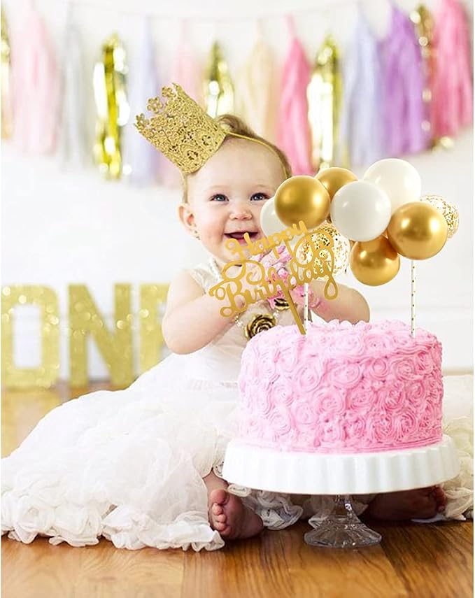 BEISHIDA Happy Birthday Cupcake Toppers - White Gold Mini Balloon Cloud Birthday Cake Decorations for Wedding Anniversary Baby Shower Decorations