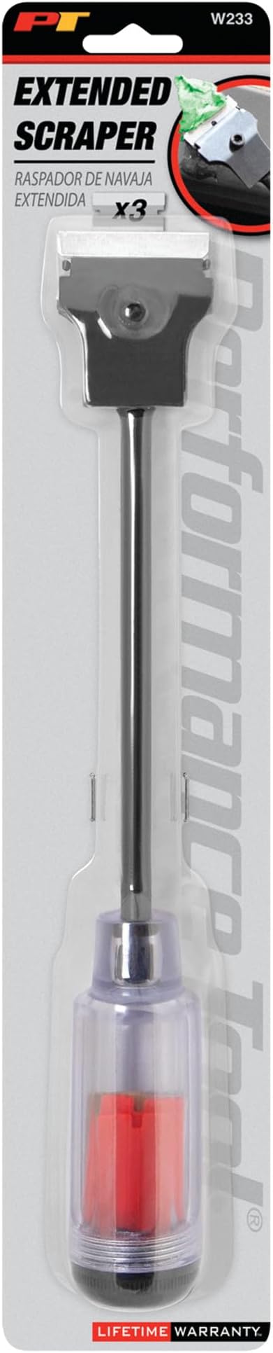 Performance Tool W233 12-Inch Long Reach Extension Scraper with 3pc Double Edged Plastic Razor Scraper Blades and 3pc Carbon Steel Razor Scraper Blades