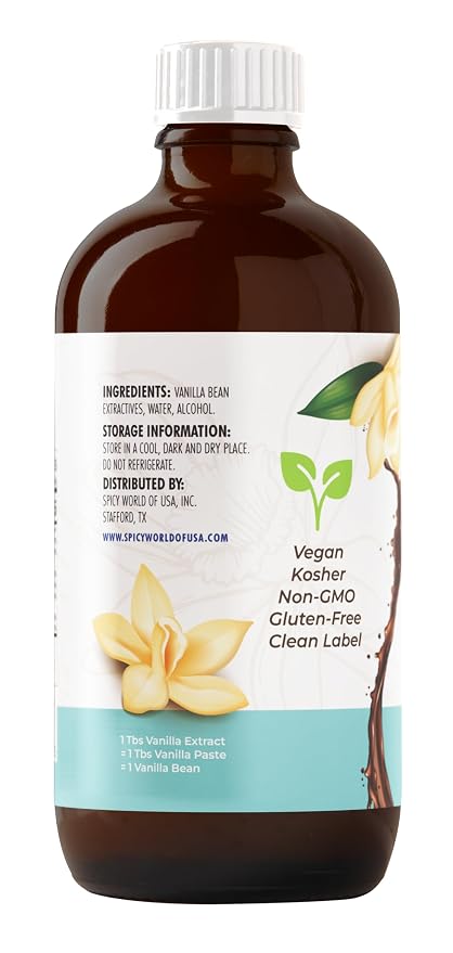Spicy World Pure Vanilla Extract 4oz - 100% Real Vanilla Extract - Made from Grade B Vanilla Beans - For Cooking, Drinks & Desserts - 100% Vegan, Sugar Free & Kosher - Non-GMO & Gluten-Free - Glass Bottle (4 Ounce Bottle)