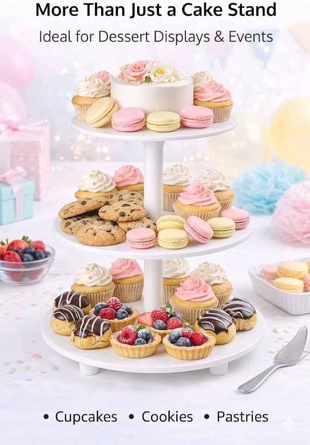 Oasis Supply 3-Tier Cake Stand – White Plastic Tiered Dessert Display Stand, Cupcake Stand for Cakes, Cupcakes, Weddings, Parties & Dessert Table Decorations