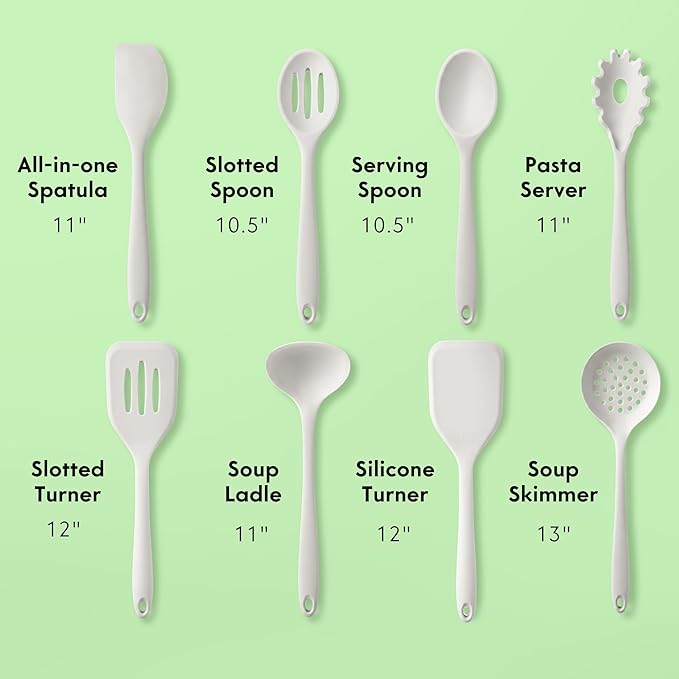 NonToxic Platinum Silicone Utensils, 100% Plastic-Free, 8-Pcs, Gray | LFGB-certified platinum silicone. Solid steel core, no hidden plastics. 500ยฐF heat resistant. Non-scratch. Dishwasher safe