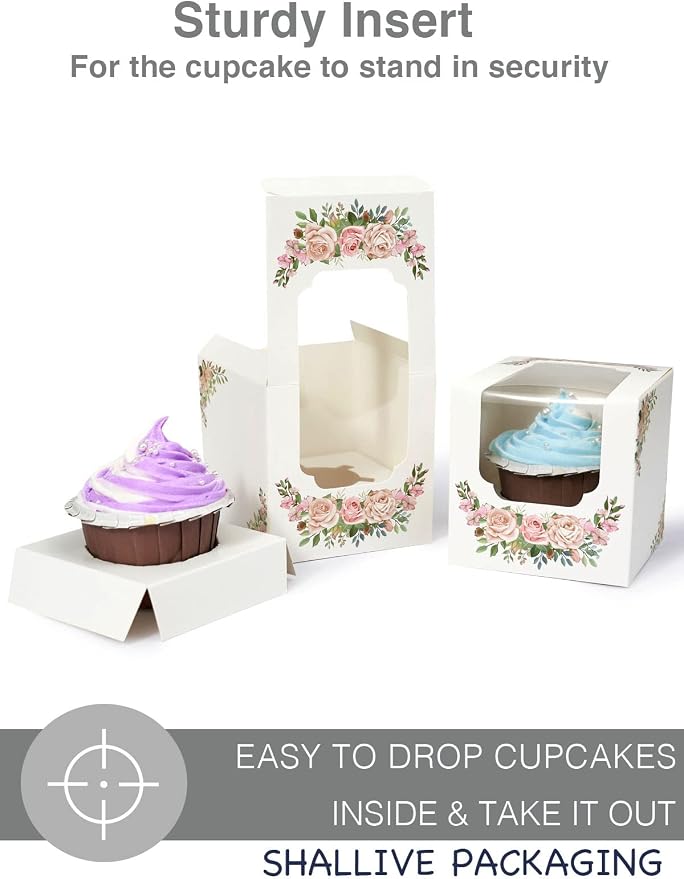 Mothers Day Floral Cupcake Boxes Single with Inserts and Window, Auto-Popup Mini Pink White Cupcake Holders Individual 30 Pack for Mother's Day Treat Wedding Gifts 3.5"