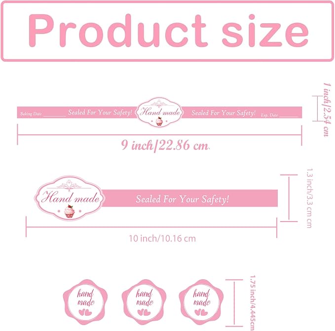 100 Pcs Handmade Food Retail Package Seal Labels 9x1'' Safe Secure Tamper Evident Labels 100Pcs Handmade Food Baking Label with 1.75 '' 100Pcs Hand Made Stickers for Cake Dessert Box Packaging