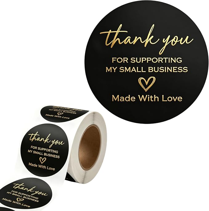 500 Pcs Thank You Stickers Roll, 1.5 Inch Thank You for Supporting My Small Business Stickers, Self Adhesive Labels for Packaging, Bakery Bags, Gift Wrap, Envelopes and Small Business Supplies (Black)