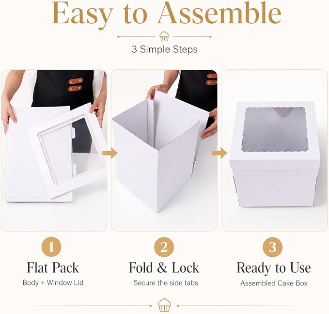 JCD White 10x10x12 Corrugated Tall Cake Boxes for 8in Multi-Layer Cakes | Thick corrugated boxes anti-collapse for long-distance delivery; 12in ultra height fits large cake toppers & flower decor