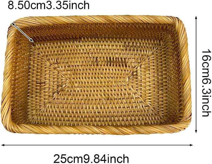 Natural Rattan Storage Baskets, Natural Rattan Fruit Storage Basket Rectangular Woven Wicker Box, Rectangular Woven Fruit Baskets, Wicker Organizer for Bathroom, Living Room (9.8" X 6.3" X 3.3")