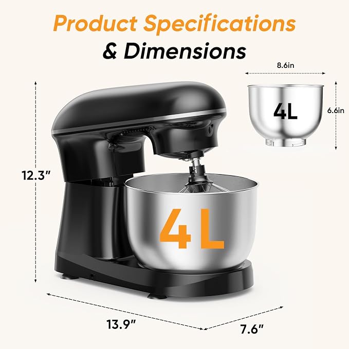 NEWBULIG Stand Mixer, Kitchen Aid Mixers Alternative, 300W 4.2Qt 10-Speed Electric Standing Mixer with Dough Hook, Whisk, Beater & Multi-Cover for Baking, Cakes and Home Cooking Needs