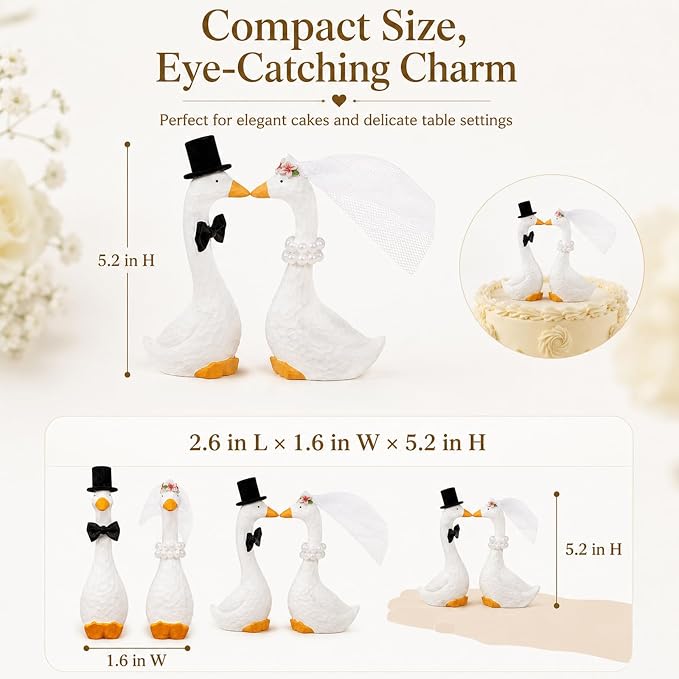 Silly Goose Wedding Cake Topper, Funny Bride and Groom Goose Decorations, Heart-Shaped Neck Couple Figurines for Wedding Cake, Engagement, Anniversary, Bridal Shower Decor