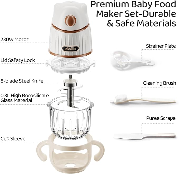 Baby Food Maker with Glass Bowl& 316 Stainless Steel Blades, Baby Food Processor for Infants 6+ Months, BPA-Free One-Step Blender for Homemade Stage 1 2 3 Puree, Dishwasher Safe, White