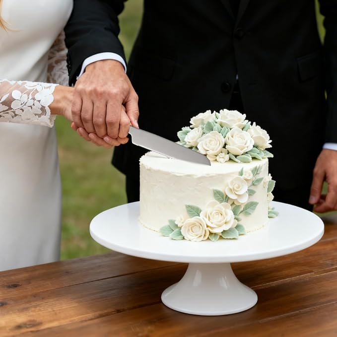 10 Inch White Porcelain Wedding Cake Stand with Knife and Server | Round Cake Plate Display Holder for Birthday, Baby Shower, Party Dessert Cupcake, Home Decorating Stand