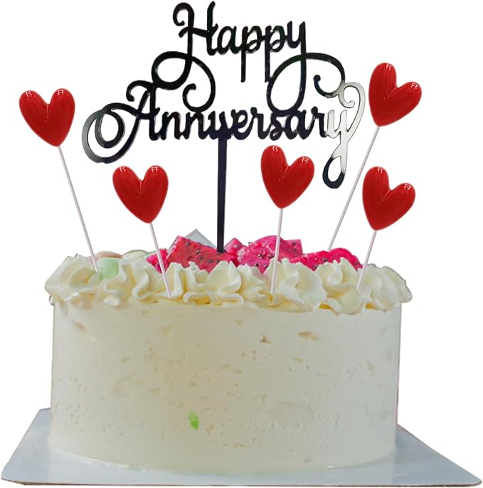 Happy Anniversary Cake Topper Happy Anniversary Cake Decorations for Party Decorations (black red heart)