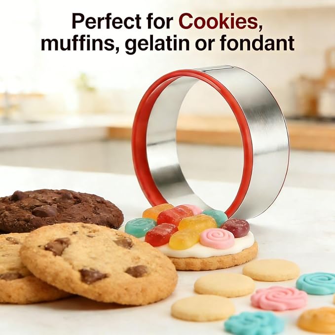 3-Piece Round Cookie Cutter Set – 3″, 4″, 5″ Stainless Steel Circle Biscuit Cutters with Red PVC Soft Edges – Durable Multi-Purpose Baking Tool