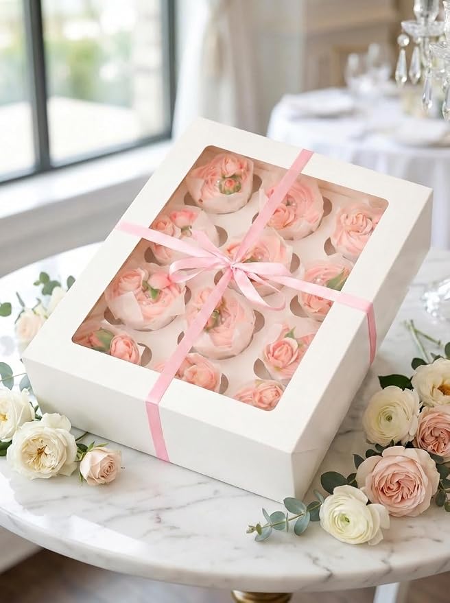 Bakepacker Auto-pop Up Cupcake Boxes with Window White 40PCS 12 Count Cupcake Box 13"x10"x3.5" Cupcakes Carrier, 12 Cupcake Containers with 2 rolls of pink ribbons