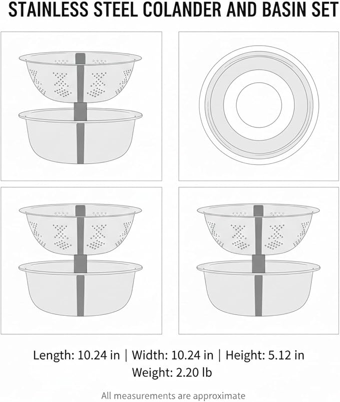 2-Piece Stainless Steel Colander and Bowl Set, Nested Strainer for Washing Veggies, Draining Pasta, and Food Prep (Silver)