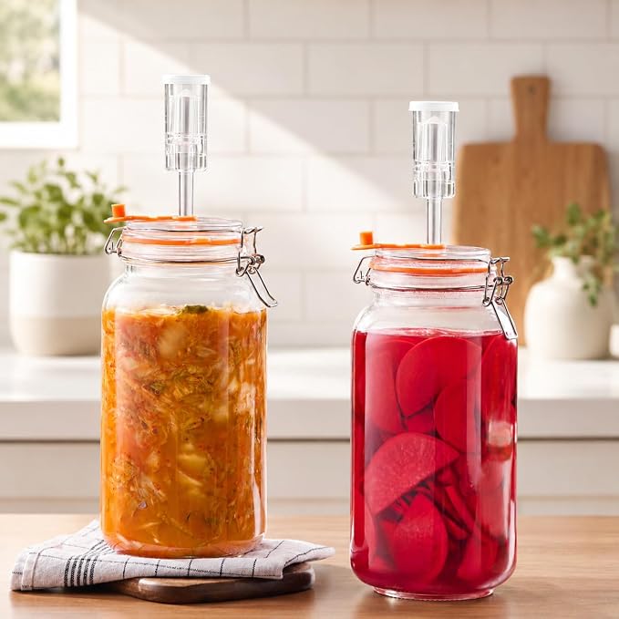 Fermentation Jars, 2L Fermenting Kit With Glass Weights, 2-Pack | Wide-Mouth 2L Glass Jar With Self-Venting Airlock, Ideal For Sauerkraut, Kimchi, Pickles And Other Homemade Ferments