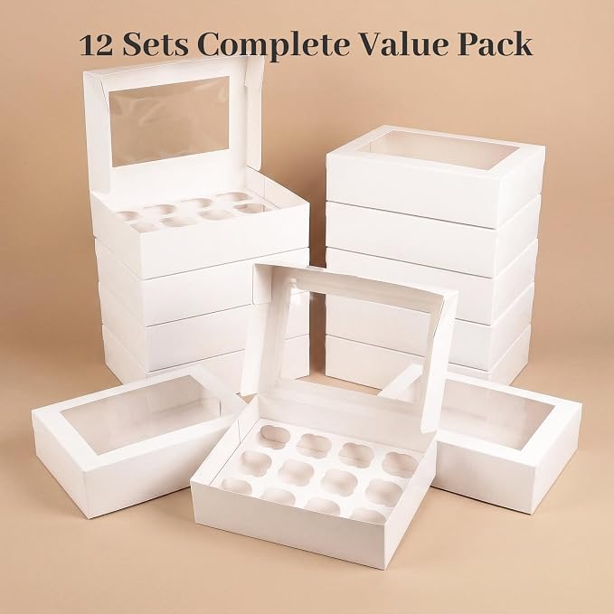 VGOODALL 12 Count Cupcake Boxes, 12PCS Cupcake Holder with Window White Pastry Boxes for Birthday Holiday Party Bakery Supplies