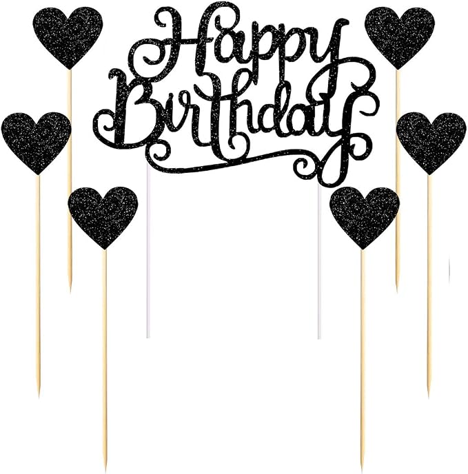 PALASASA Happy Birthday Cake Toppers Gold glitter letters"happy birthday"and love star,Party decor Decorations,Set of 7 (Black)