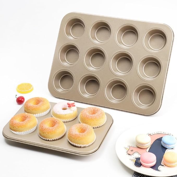 2-Pack 12-Cup Muffin Pan, Nonstick Bakeware | Golden carbon steel cupcake baking tray, BPA-free and easy release. Oven-safe for muffins and cupcakes. Great for home baking