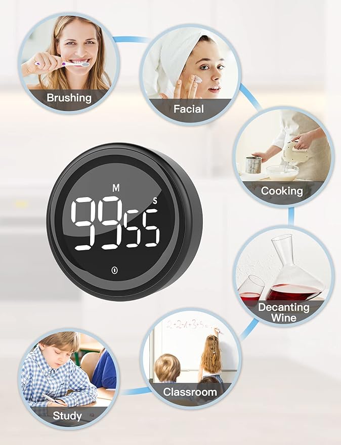 LIORQUE Digital Kitchen Timer, Magnetic Countdown Countup Timer with Large LED Display, 2 Brightness Levels, 3 Volume Levels, Productivity Timers for Classroom Cooking Fitness