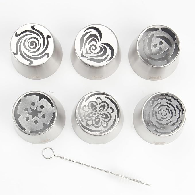 Extra Large Russian Piping Tip Set - 6 Stainless Steel Marshmallow Buttercream Framing Nozzles for 3D Roses Tulip Cake Decorations and Marshmallow Bouquets, Includes 1 Cleaning Brush(6I)