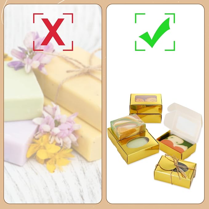 Yexiya 60 Pcs Homemade Soap Boxes 3.55 x 2.4 x 1.2 Inch Kraft Soap Box with Window Mini Gift Packaging Supplies for Homemade Bakery Candy Cookies Party Favor(Gold)