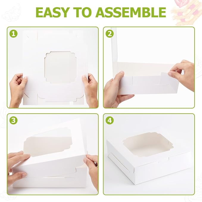 20-Pack Bakery Boxes with Window, 8"x8"x2.5" White Treat Boxes for Dessert, Cookie, Chocolate Strawberry, Donut and Pastry