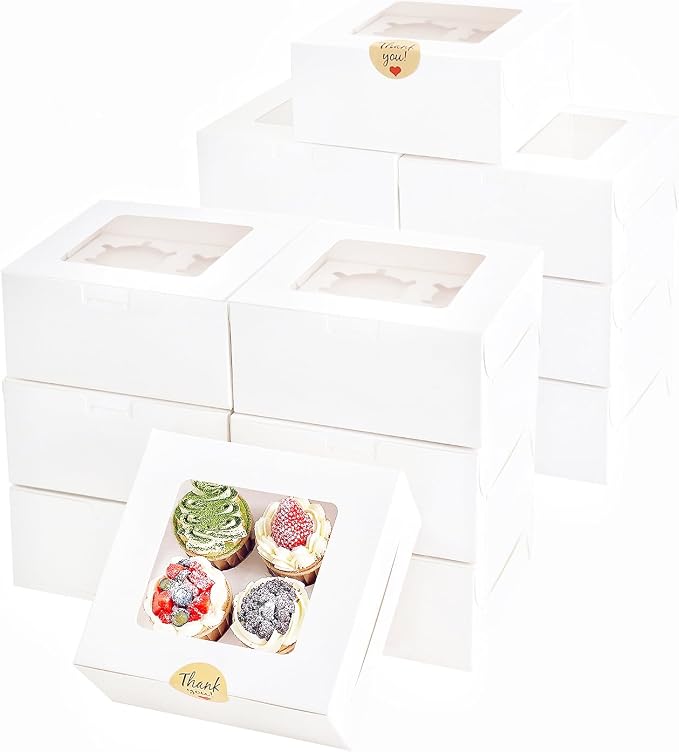8-Pack Cupcake Boxes with 4-Compartment Slots, Clear Window, Thickened Food-Grade Cardboard, Easy Assembly, for Small-Batch Baking & Personal Gifting