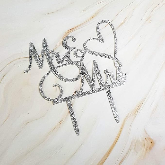 Mr and Mrs Cake Topper Decoration For Bride and Groom Sign Wedding/Engagement , Silver Glitter Acrylic