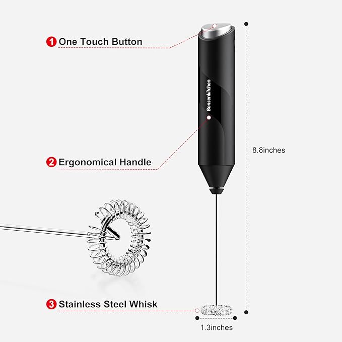 Bonsenkitchen Electric Milk Frother Handheld, Portable Whisk Milk Foam Maker, Drink Mixer for Coffee, Matcha, Electric Stirrer Coffee Mixer, Battery Operated(Not Included)