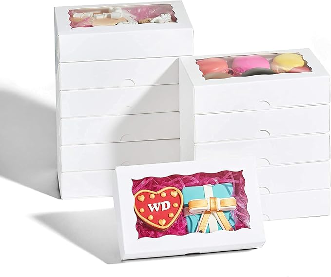 RomanticBaking 24 Pack 7 x 4 3/8 x 1 1/2 inches Cookies Boxes for 2, Auto-Popup Macaron Boxes for 6, Bakery Boxes, High Visibility White Paper Food Box with Clear Window