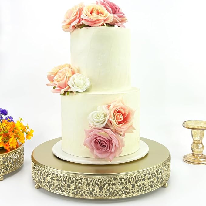 14 Inch Luxury Light Gold Cake Stand, Round Metal Dessert Display with Ornate Filigree Lace, Dual‑Coated Premium Finish for Wedding, Anniversary & Elegant Home Decor