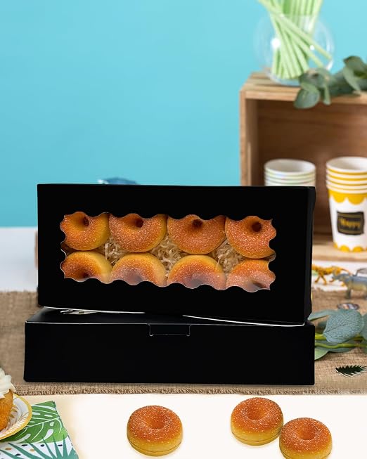 qiqee 50 Packs Black Cookie Box with Window 12x5.5x2.5 Inch Two Uses Pastry Biscuit Bakery Box For Packaging