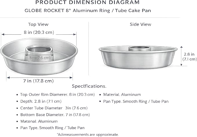 Aluminum Ring Cake Pan 8 in (Top Outer Rim) - Ring Mold - Tube Cake Pan with Center Core - Flan Molds for Baking - Chocoflan Mold
