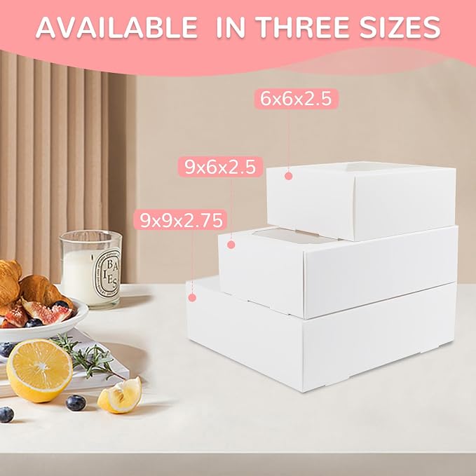 Zealax 9 Inch Bakery Boxes with Window and Dividers Cookie Packaging Treat Boxes for Mini Cupcakes, Chocolate Covered Strawberries, Brownies, and Small Treats for Gift Giving∣Pack of 6, 9x9x2.75 inch