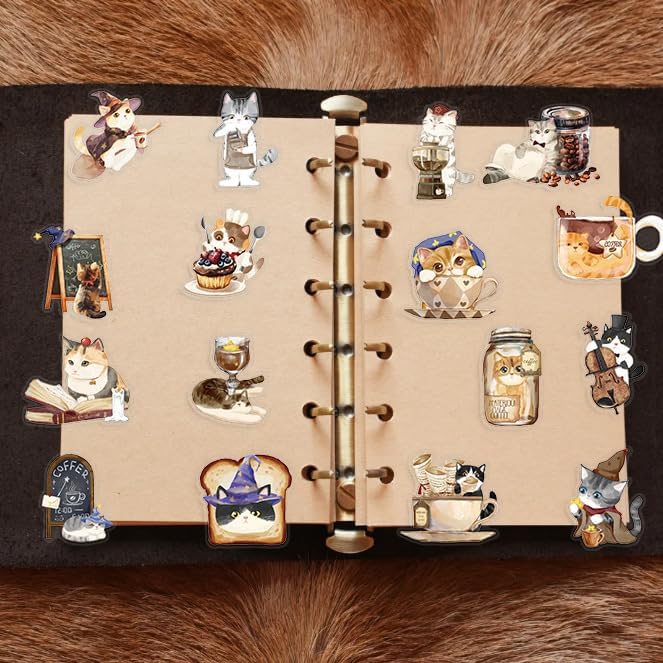 50pcs Cats Coffee Flower Stickers Cute Kitchen Baking Stickers Transparent Recipe Waterproof Stickers Pack for DIY Scrapbook Water Bottles,Laptop,Funny Bakery Themed Party Decorations