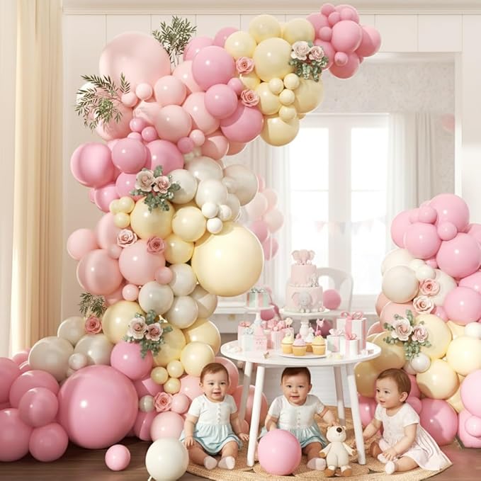 Pink and Yellow Balloon Arch Garland Kit 157pcs, Pastel Pink Light Pink Yellow Sand White Balloons Arch Kit for Birthday Baby Shower Bridal Shower Wedding Bee Bear Themed Party Decorations